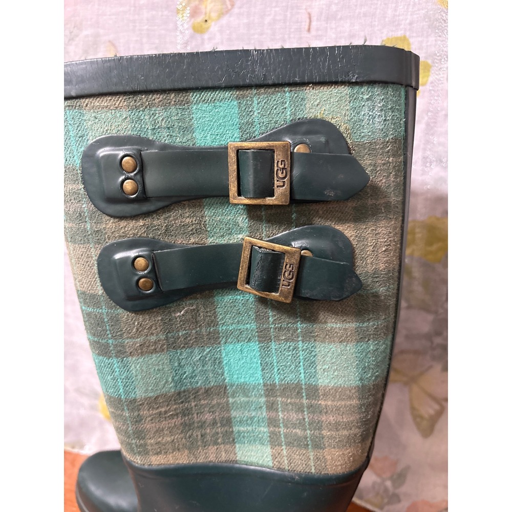 Womens Tall Hunter Green Plaid Rubber Rain Boots Knee High Waterproof Wellies - Picture 6 of 10